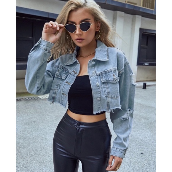 SHEIN Jackets & Blazers - 2/$45- shein light washed classic distressed denim cropped jacket